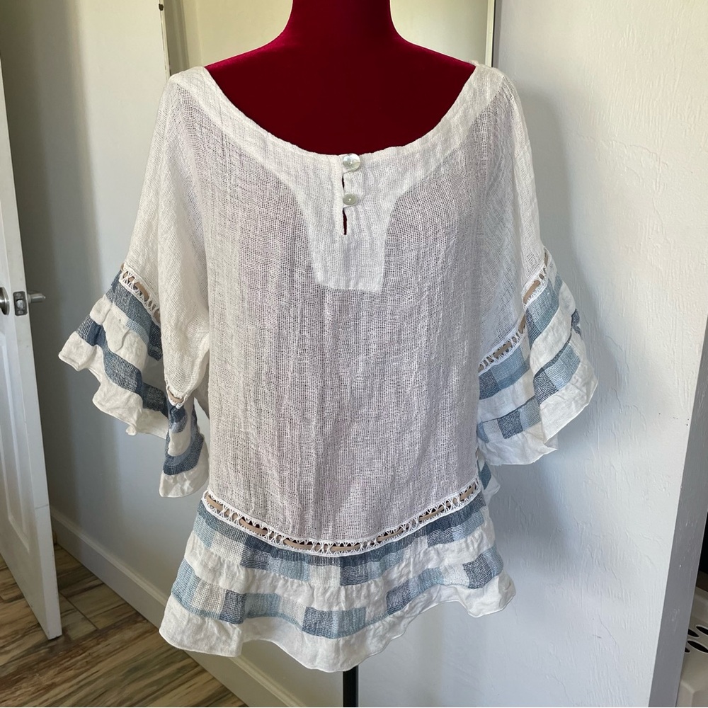 Marilu Top Plus Size See Measurements Blue & Cream Beauty! Ruffles!